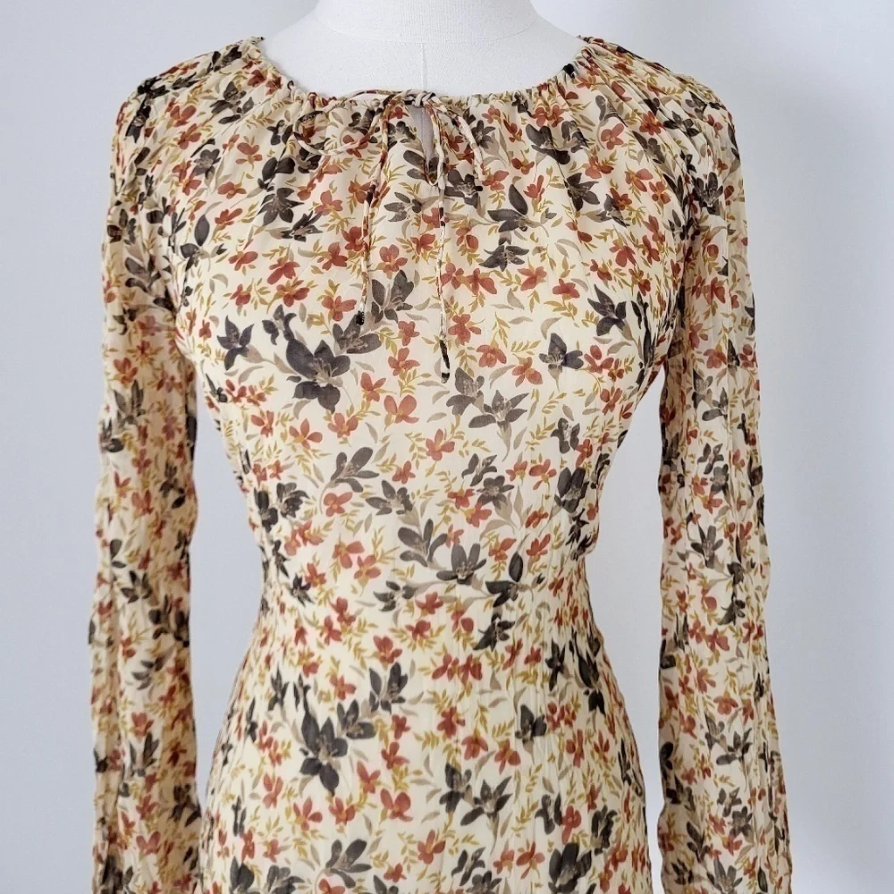 Y2K Long Sleeve Sheer Floral Blouse Size XS Tan Milkmaid - Picture 3 of 13